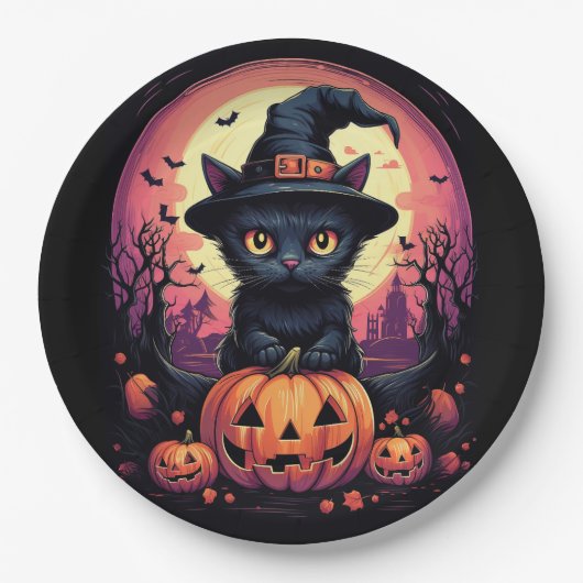Halloween Black CAT met pompoen en heks PET Papieren Bordje (Voorkant)