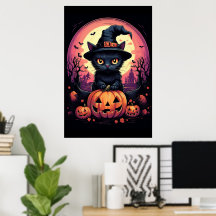 Halloween Black CAT met pompoen en heks PET