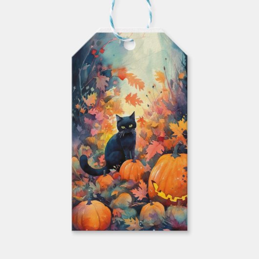 Halloween Black Cat met pompoenen eng Cadeaulabel (Voorkant)