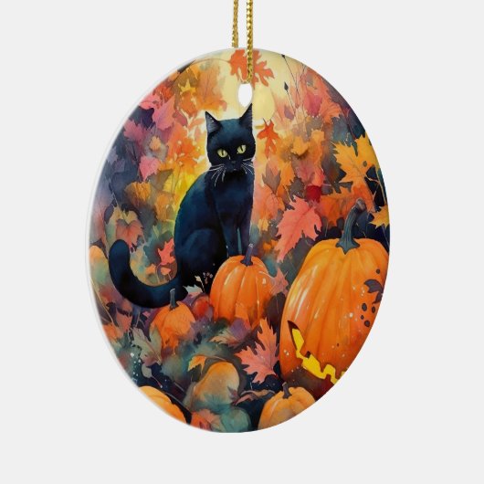 Halloween Black Cat met pompoenen eng Keramisch Ornament (Rechts)