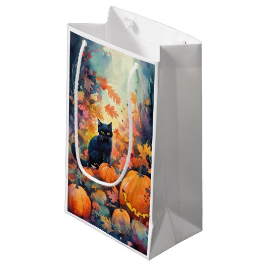 Halloween Black Cat met pompoenen eng Klein Cadeauzakje (Voorkant Gekanteld)