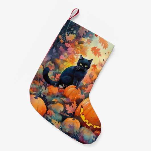 Halloween Black Cat met pompoenen eng Kleine Kerstsok (Voorkant (Hangend))