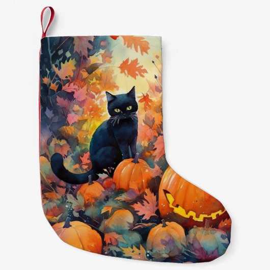 Halloween Black Cat met pompoenen eng Kleine Kerstsok (Voorkant)