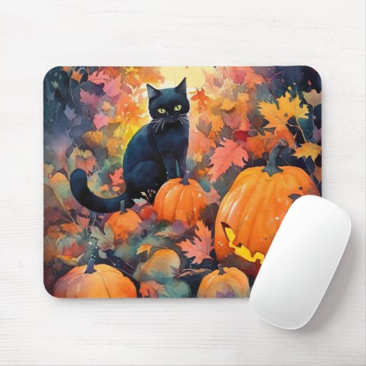 Halloween Black Cat met pompoenen eng Muismat (Met muis)