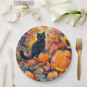 Halloween Black Cat met pompoenen eng Papieren Bordje