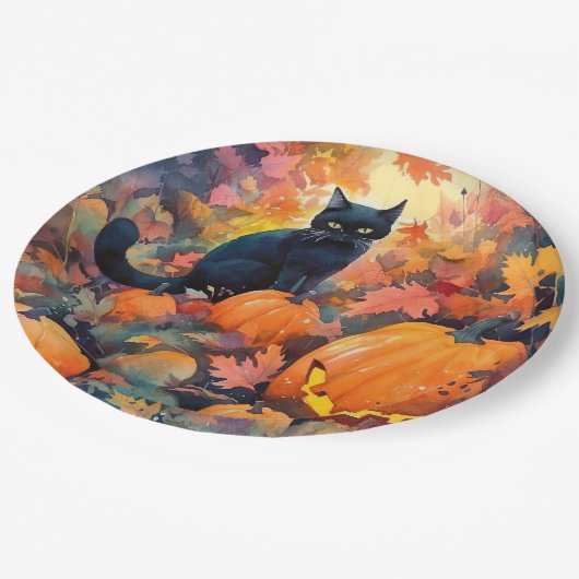 Halloween Black Cat met pompoenen eng Papieren Bordje (Gekanteld)