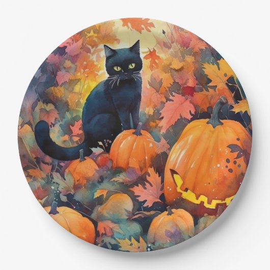 Halloween Black Cat met pompoenen eng Papieren Bordje (Voorkant)