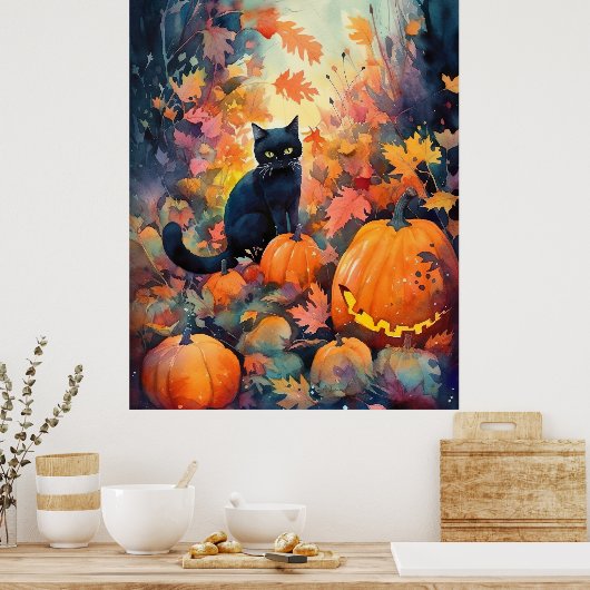 Halloween Black Cat met pompoenen eng Poster (Keuken)