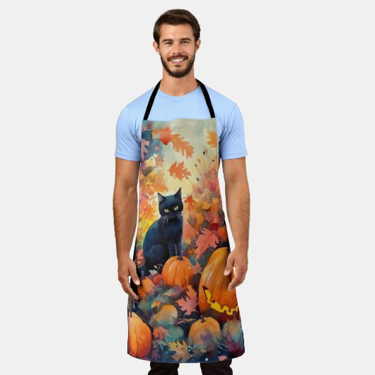 Halloween Black Cat met pompoenen eng Schort (Gedragen)
