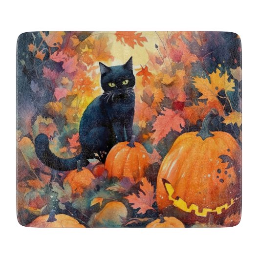 Halloween Black Cat met pompoenen eng Snijplank (Voorkant)