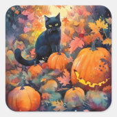 Halloween Black Cat met pompoenen eng Vierkante Sticker (Voorkant)