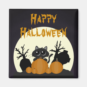 Halloween Black Cat met pompoenen in een Graveyard Magneet