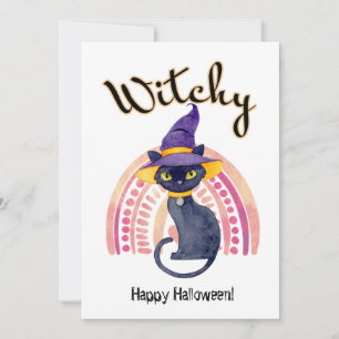 Halloween Black Cat met Witch Cat Waterverf Bedankkaart