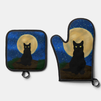 Halloween Black Cat Moonlit Silhouette  Ovenwant & Pannenlap Set