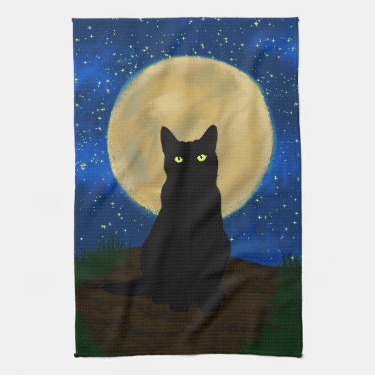 Halloween Black Cat Moonlit Silhouette  Theedoek (Verticaal)