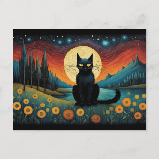 Halloween Black Cat Mountain Lakeside Volle Maan Briefkaart (Voorkant)
