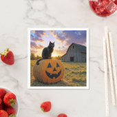 Halloween Black Cat On Pumpkin Hay Bale Servet (Insitu)