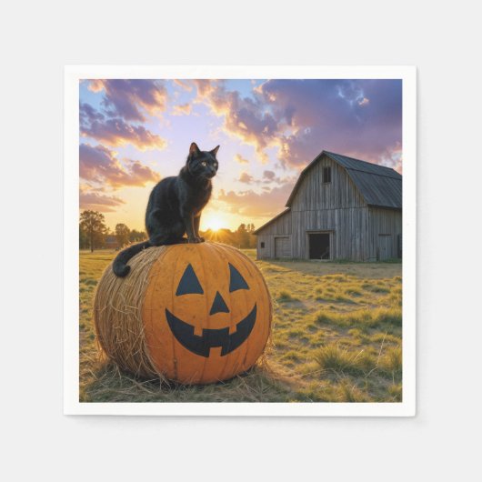 Halloween Black Cat On Pumpkin Hay Bale Servet (Voorkant)
