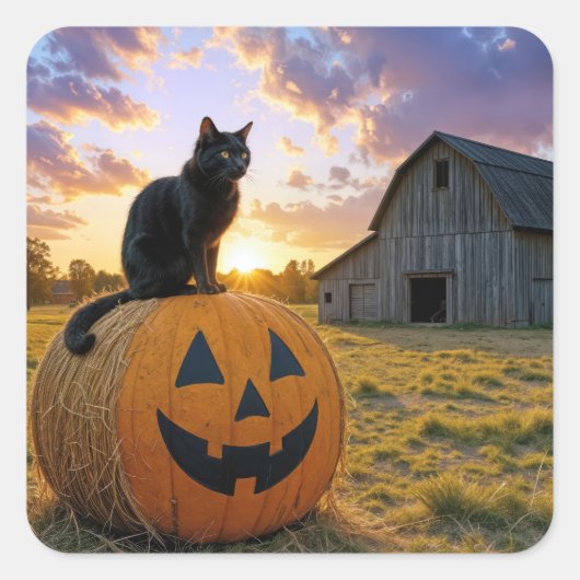 Halloween Black Cat On Pumpkin Hay Bale Vierkante Sticker (Voorkant)