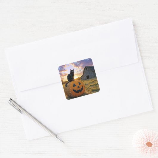 Halloween Black Cat On Pumpkin Hay Bale Vierkante Sticker (Envelop)