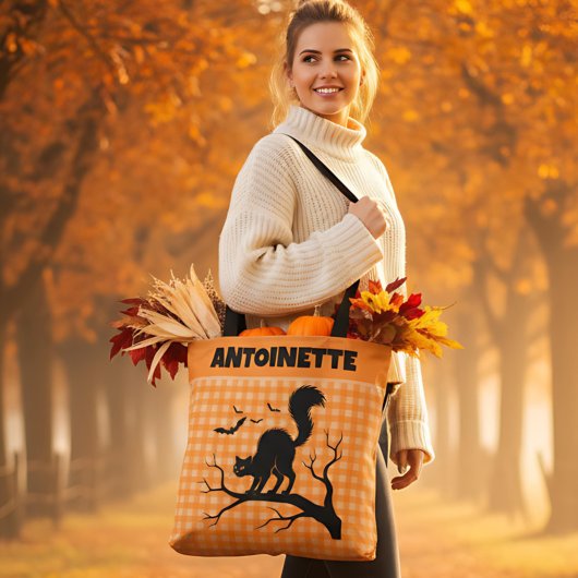 Halloween Black Cat on Tree Orange Gingham Plaid Tote Bag