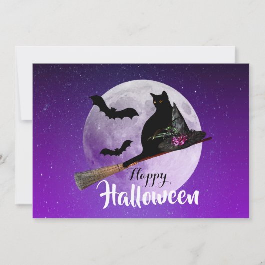 Halloween Black Cat op Broom Full Moon Feestdagenkaart (Voorkant)