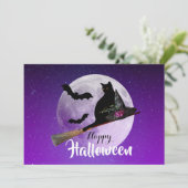 Halloween Black Cat op Broom Full Moon Feestdagenkaart (Staand voorkant)