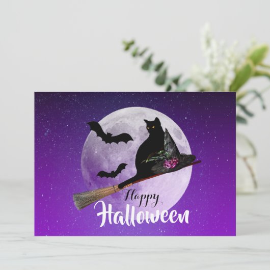 Halloween Black Cat op Broom Full Moon Feestdagenkaart (Staand voorkant)