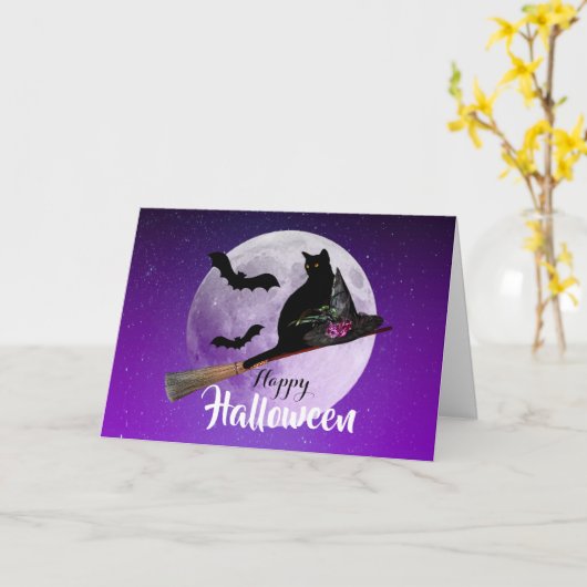 Halloween Black Cat op Broom Full Moon Kaart (Gele Bloem)