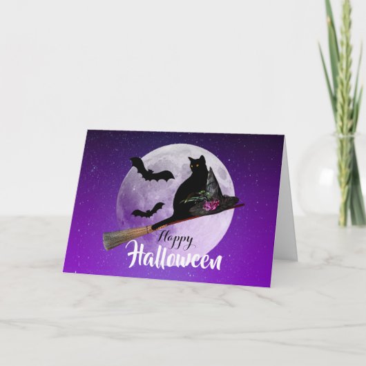 Halloween Black Cat op Broom Full Moon Kaart (Voorkant)