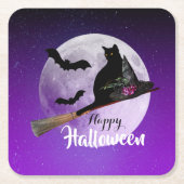 Halloween Black Cat op Broom Full Moon Kartonnen Onderzetters (Voorkant)