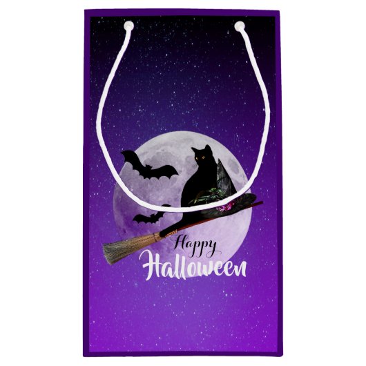 Halloween Black Cat op Broom Full Moon Klein Cadeauzakje (Achterkant)