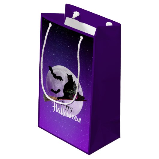 Halloween Black Cat op Broom Full Moon Klein Cadeauzakje (Achterkant Gekanteld)