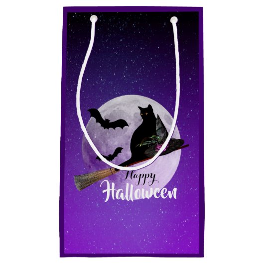 Halloween Black Cat op Broom Full Moon Klein Cadeauzakje (Voorkant)