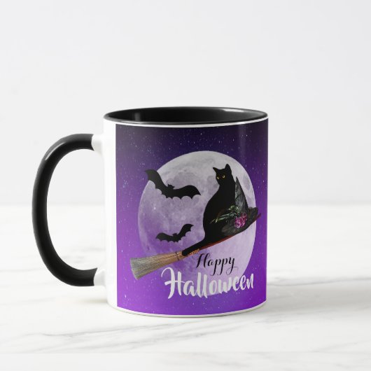 Halloween Black Cat op Broom Full Moon Mok (Links)