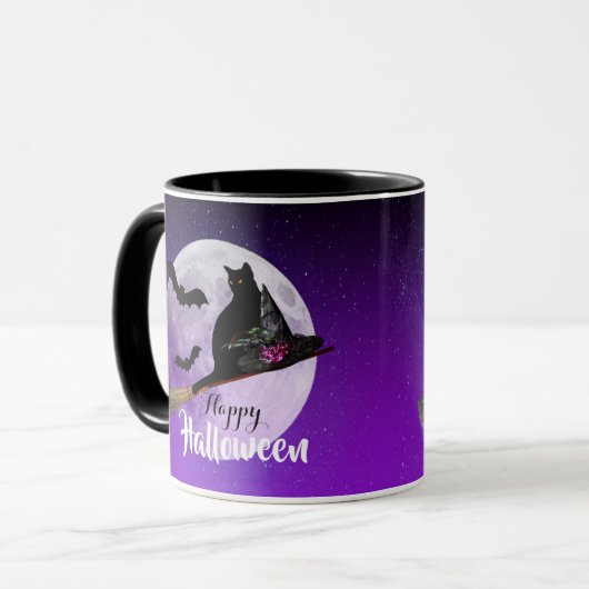 Halloween Black Cat op Broom Full Moon Mok (Voorkant links)