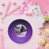 Halloween Black Cat op Broom Full Moon Papieren Bordje (Feest)