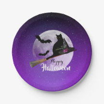 Halloween Black Cat op Broom Full Moon