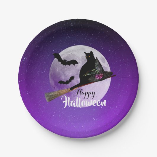 Halloween Black Cat op Broom Full Moon Papieren Bordje (Voorkant)