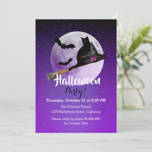 Halloween Black Cat op Broom Full Moon Party Kaart (Staand voorkant)