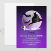 Halloween Black Cat op Broom Full Moon Party Kaart (Voorkant / Achterkant)