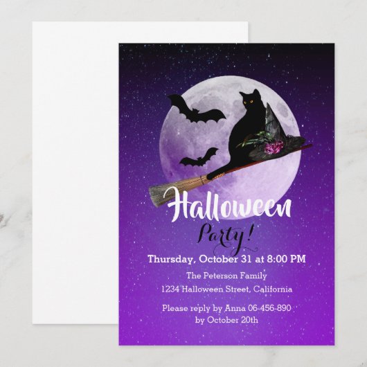 Halloween Black Cat op Broom Full Moon Party Kaart (Voorkant / Achterkant)