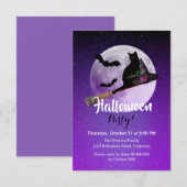 Halloween Black Cat op Broom Full Moon Party Kaart (Voorkant / Achterkant)