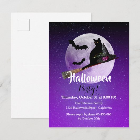 Halloween Black Cat op Broom Full Moon Party Uitnodiging Briefkaart (Voorkant / Achterkant)