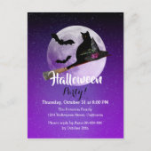 Halloween Black Cat op Broom Full Moon Party Uitnodiging Briefkaart (Voorkant)