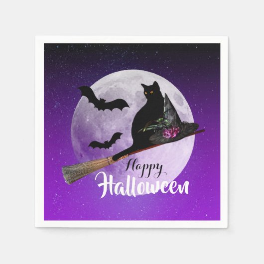 Halloween Black Cat op Broom Full Moon Servet (Voorkant)