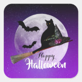 Halloween Black Cat op Broom Full Moon Vierkante Sticker (Voorkant)
