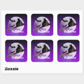 Halloween Black Cat op Broom Full Moon Vierkante Sticker (Vel)