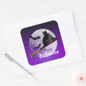Halloween Black Cat op Broom Full Moon Vierkante Sticker (Envelop)