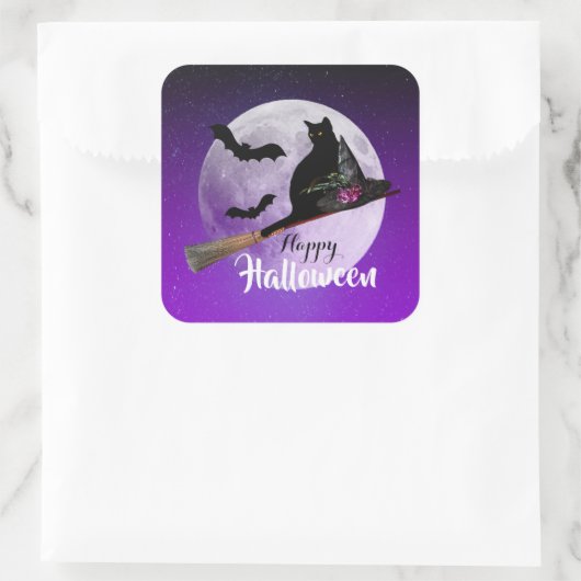 Halloween Black Cat op Broom Full Moon Vierkante Sticker (Tas)